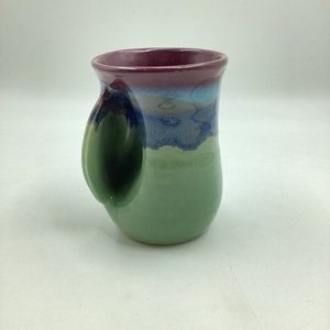 Clay In Motion Neher Pottery Left Handed Hand Warmer Mug Green Pink Signed 2019